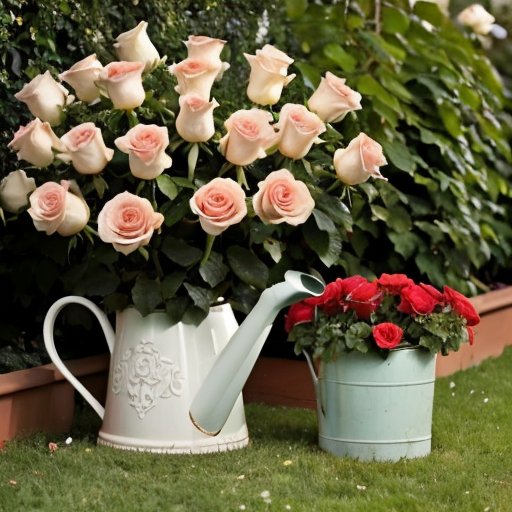 Цветущий розовый сад с удобрением и лейкой на фоне ясного неба.