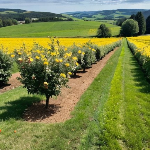 Сад яблонь весной с цветущими деревьями и удобрением на земле.