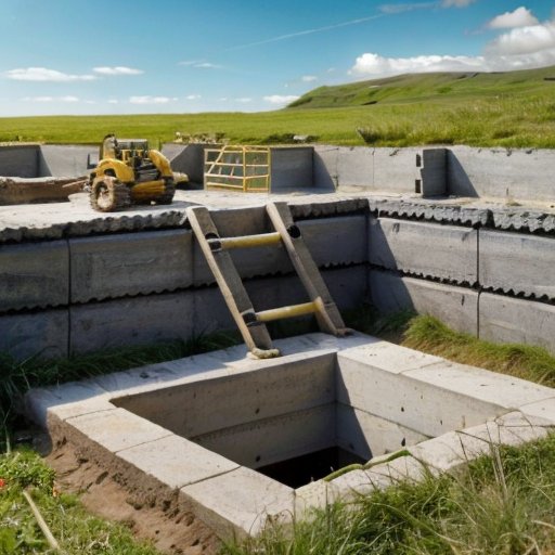 Строительная площадка с частично выкопанным колодцем, бетонными кольцами, инструментами и геологическими метками на фоне ясного неба и травяной местности.