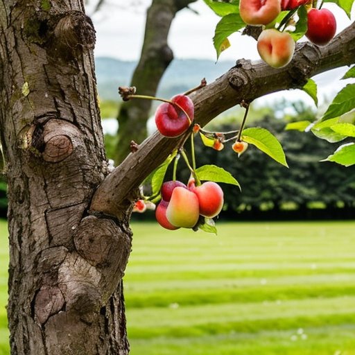 Сад с фруктовыми деревьями и инструментами для прививки на фоне зелени и ясного неба.