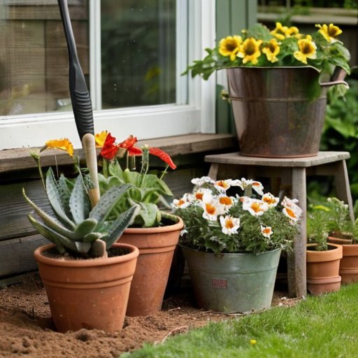 Упорядоченный садовый набор для канн с клубнями, помеченными горшками с инструкциями, термометром и гигрометром, а также инструментами на солнечном фоне.