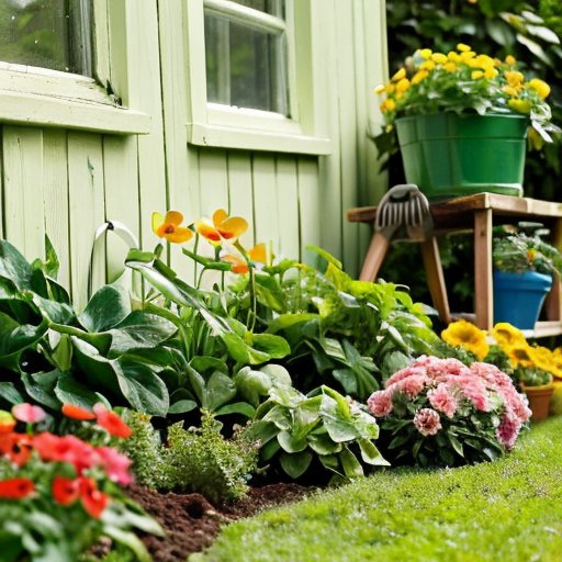 Яркий сад с цветами Бакопа, маленькими инструментами и солнечным небом.
