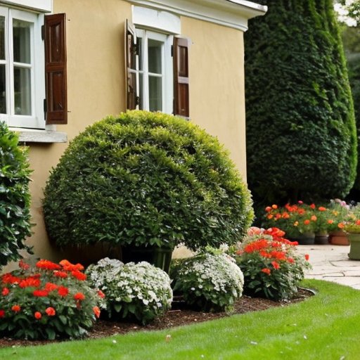 Зеленый куст туи с раскрытой корневой системой, окруженный садовыми инструментами и горшками для новых растений.