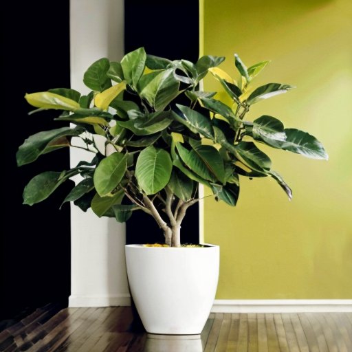 Лимонное дерево в стильном интерьере с яркими лимонами и зелеными листьями.