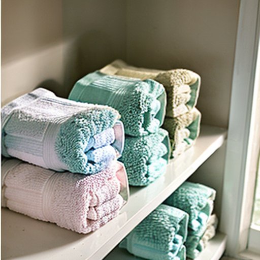 Нежные полотенца пастельных цветов на деревянной полке в светлом прачечном помещении.