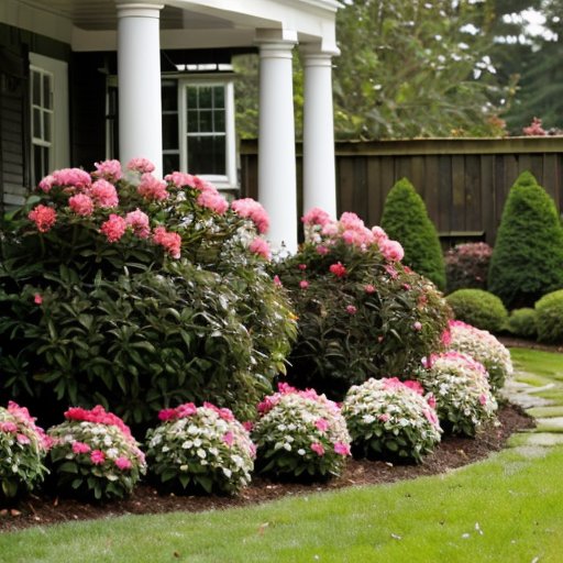Зимний сад с покрытыми снегом рододендронами, укрытыми мешковиной и мульчой.