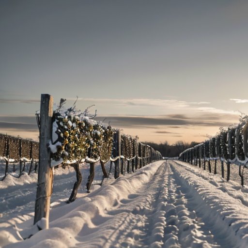 Зимний виноградник в Урале с укрытыми лозами и снежным пейзажем.
