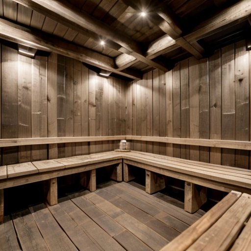 Интерьер деревянной сауны с новыми потолочными балками, теплым освещением и уютной атмосферой.