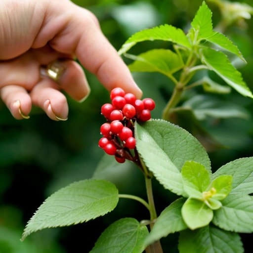 Сад с разнообразными кустами жимолости, яркими ягодами и аккуратным планированием. На заднем плане - садовые инструменты и набор для тестирования почвы.