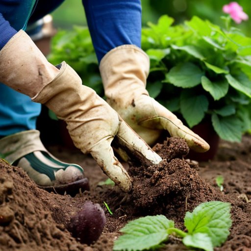 Сцена в ухоженном саду: выкапывают черную смородину, рядом инструменты для садоводства под ясным небом.