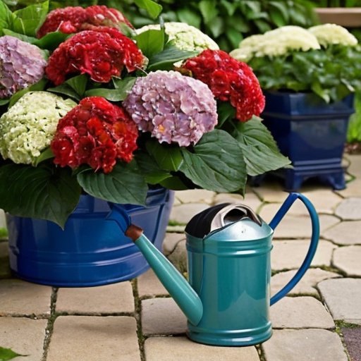 Сад с пышной гортензией, яркими инструментами и солнечным небом, символизирующий время для посадки.