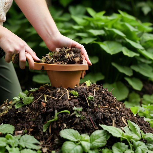Компостная куча с зелеными растениями и яркими инструментами, земляные черви внутри.