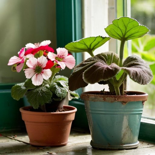 Цветущий пеларгоний в светлом помещении с зелеными листьями и яркими цветами, рядом с поливочным кувшином и удобрениями.