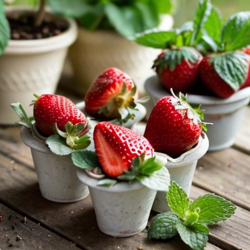 Стебли клубники в био-контейнерах на столе с инструментами для садоводства в мягком свете.