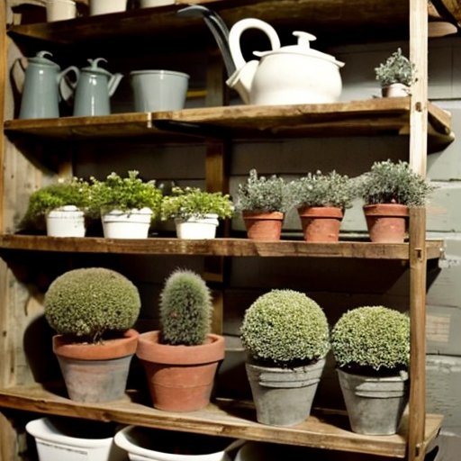 Организованное хранилище для спиреи с горшками на полках, увлажнитель, лейка и инструменты для обрезки в мягком свете.