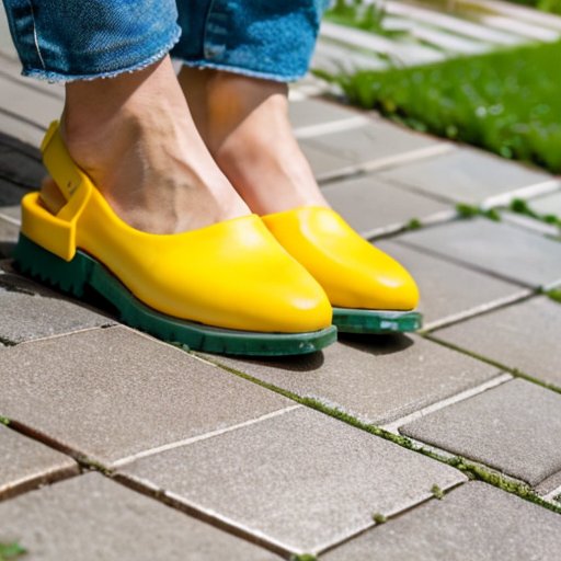 Чистый тротуар с разноцветной плиткой, солнечный день, рядом инструменты для уборки и зеленый сад.