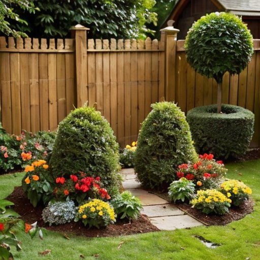 Садовая сцена с ухоженной мульчированной клумбой, яркими растениями, граблями и компостным ящиком на фоне солнечного дня и чистого голубого неба.