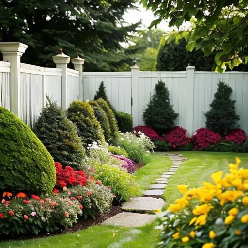 Красивый сад с зелёным газоном и цветочной клумбой, каменными границами и деревянными заборами.