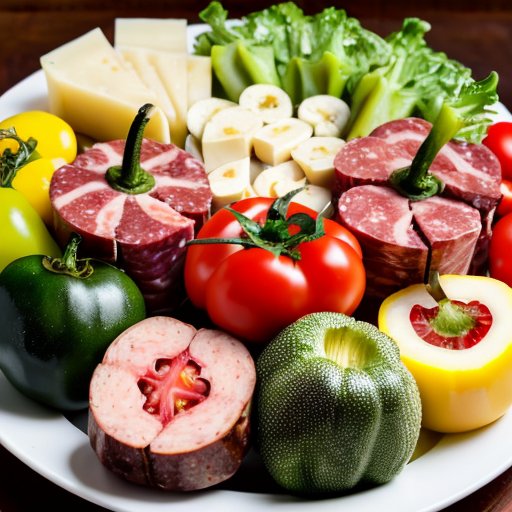 Букет из нарезанных колбас, сыров и свежих овощей.