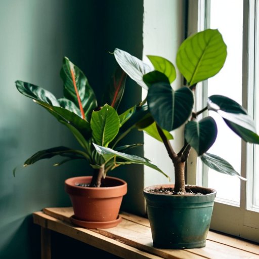 Здоровый фикус в светлом помещении с зелеными листьями, рядом с поддоном для влаги, лейкой и мешком с грунтом.