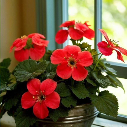 Цветущий герань в солнечном интерьере с поливочным кувшином и горшком.