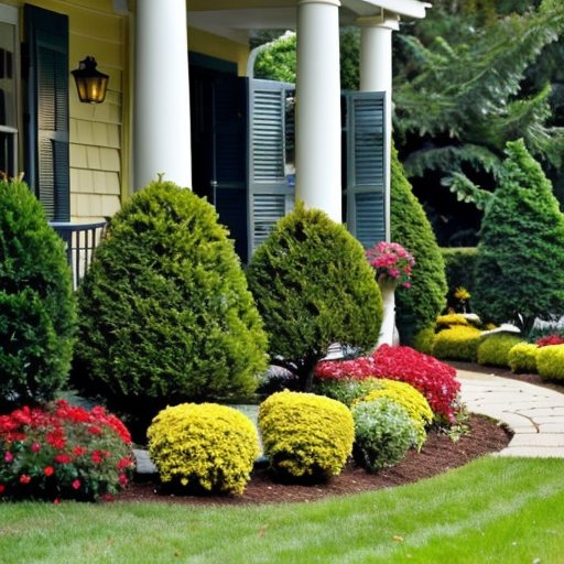 Здоровый кипарис в ухоженном саду с солнечным светом и водным элементом.