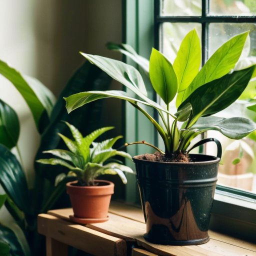 Зеленый кипарис в светлом помещении на деревянном столе рядом с увлажнителем и лейкой.