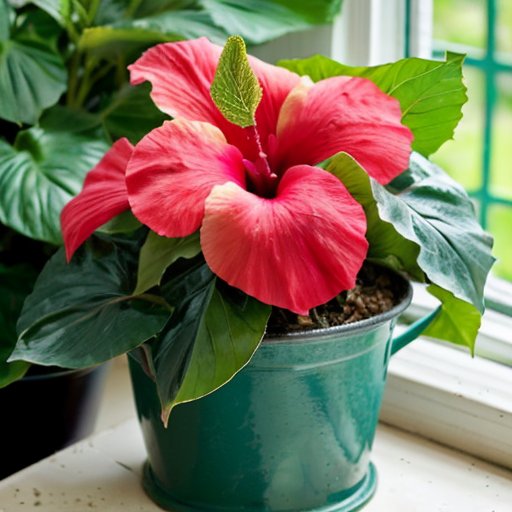 Цветущий гибискус в декоративном горшке на фоне уютной комнаты.