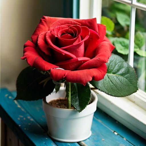 Здоровое розовое растение на солнечном подоконнике с инструментами для ухода.