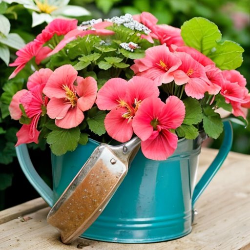 Цветущий герань на фоне ухоженного сада с инструментами для ухода.