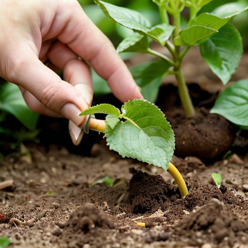 Здоровый саженец сирени в ухоженной грядке, окруженный зелеными листьями и солнечным светом.