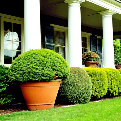 Здоровая туя в горшке с элементами ухода: земля, лейка, удобрения, термометр и гигрометр на фоне спокойного сада.