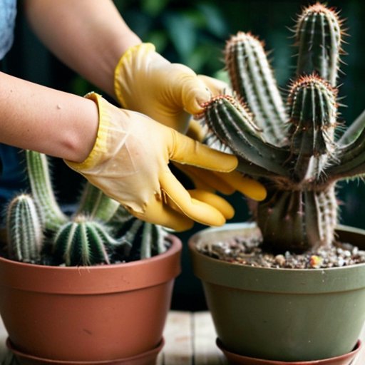 Уютный уголок для садоводства с кактусами в ярких горшках и садовником, аккуратно отделяющим детки от материнского растения.