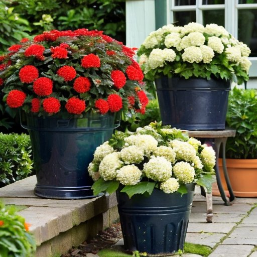 Яркий сад с кустарниками девятилистника, разнообразие листвы и садовые инструменты.