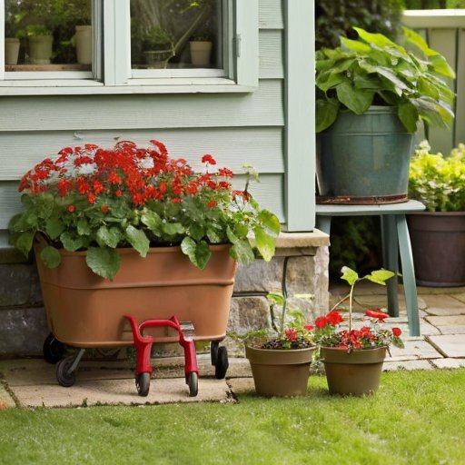 Солнечный сад с красной смородиной, инструментами для садоводства и плодородной почвой.