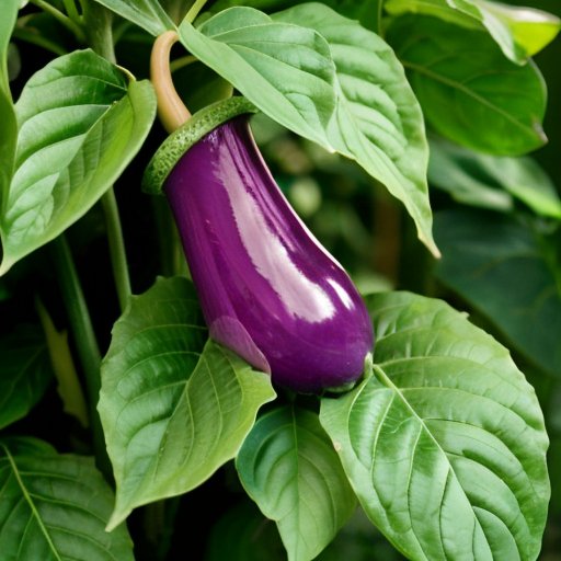 Богатый куст баклажанов с блестящими плодами, рядом садовые инструменты.