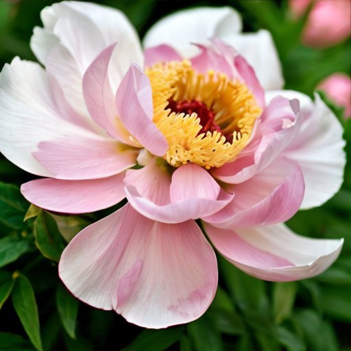 Цветущий сад с пёстрыми пионами, здоровая почва и инструменты для ухода.