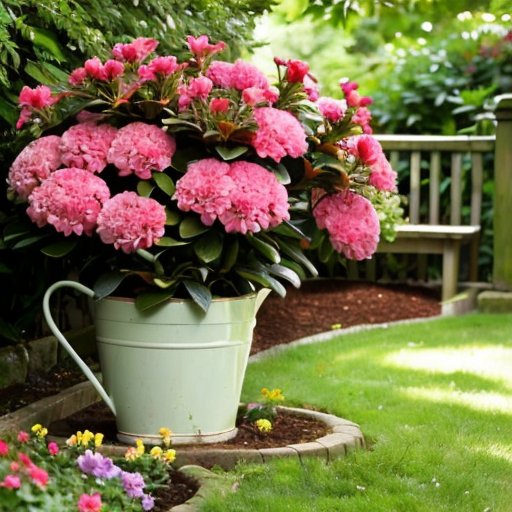 Цветущий сад с рододендронами, зелеными листьями и солнечными лучами.