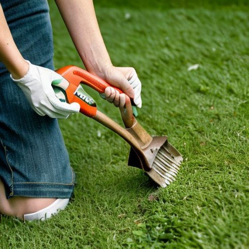 Ухоженный газон с участками восстановления и садовыми инструментами.