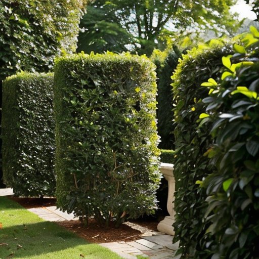 Зеленая живая изгородь из самшита с обрезанными поврежденными участками и инструментами для садоводства на фоне солнечного сада.