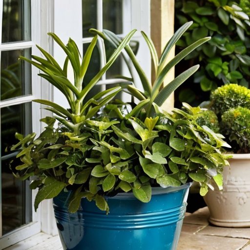 Розмарин в декоративном горшке с инструментами для садоводства на фоне солнечного окна.