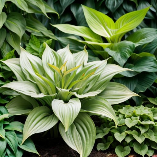 Садовая клумба с хостами, яркая зелень, богатая почва и инструменты для ухода.