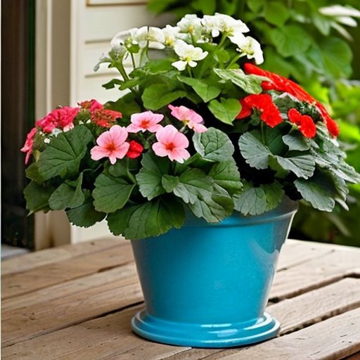 Разнообразие горшков для гераний из различных материалов на деревянной поверхности.