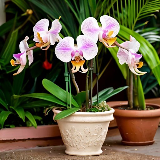 Разнообразные горшки с орхидеями в ярком саду.