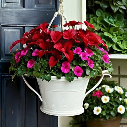 Яркая висячая корзина с каскадными лобелиями на фоне цветущего сада.