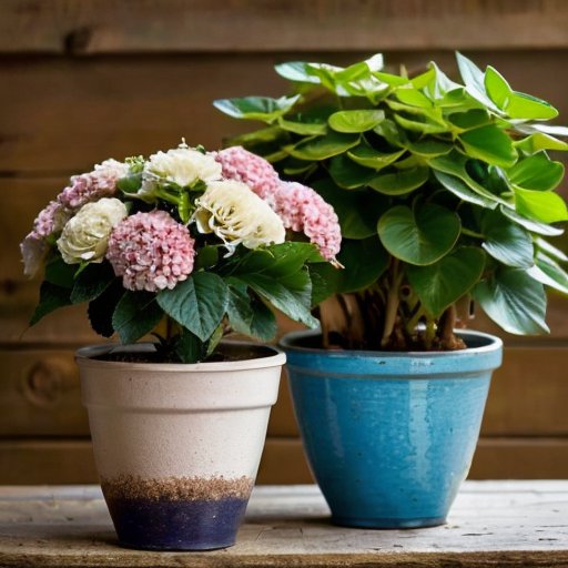 Разнообразие горшков для растений на деревянном столе с цветами гортензии.