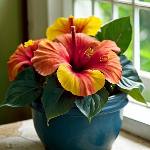 Цветущий гибискус в терракотовом горшке на фоне уютного интерьера.