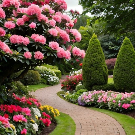 Цветущий сад с разнообразными кустами рододендронов, яркие цвета и формы, идеальные условия для роста.