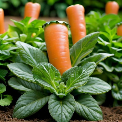 Ухоженный овощной сад с помидорами, огурцами и морковью на фоне холмов под голубым небом.