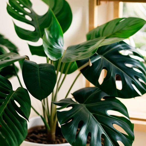 Здоровое растение Монстера с большими листьями на светлом фоне, рядом инструменты для ухода.